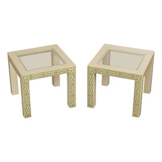Hollywood Regency Pair Of Lacquered Greek Key Glass Top End Tables For Sale