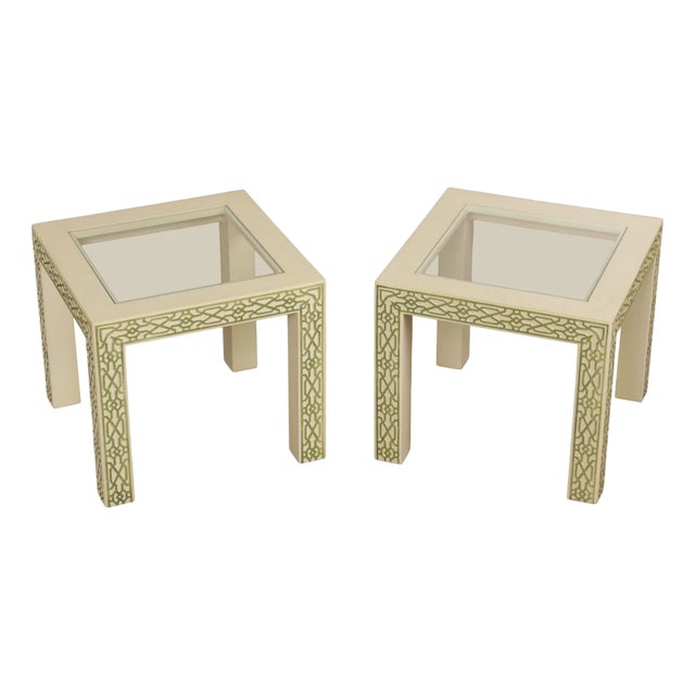 Hollywood Regency Pair Of Lacquered Greek Key Glass Top End Tables For Sale