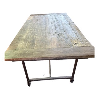 Vintage Restoration “Flatiron” Dining Table Reclaimed Elm Barn Wood Door & Iron Trestle/Casters For Sale