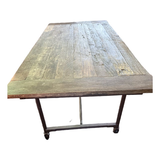 Vintage Restoration “Flatiron” Dining Table Reclaimed Elm Barn Wood Door & Iron Trestle/Casters For Sale
