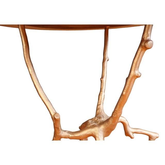 Contemporary Emerald Green Vellum Top Side Table With Sculptural Brass Base by Made Goods For Sale - Image 3 of 7