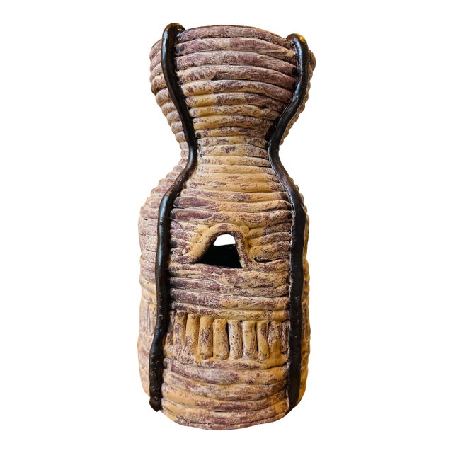 Vintage Signed Coiled Terracotta Vase With Piercings and Glazed Brown Accents For Sale