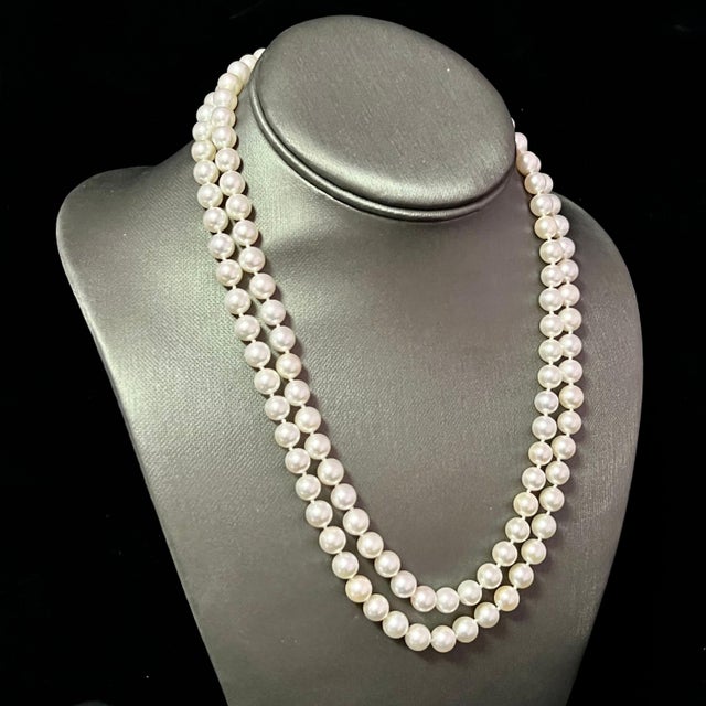 Akoya Pearl Diamond 2-Strand Gold Necklace 7.5 mm 19.25" Certified For Sale - Image 4 of 9
