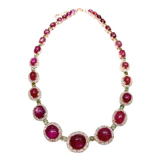 Bochic “Capri” Vintage Natural Ruby, White Topaz & Peridot Necklace Set in 18K G For Sale