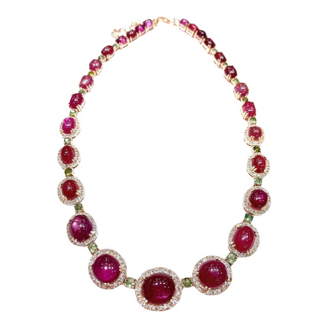Bochic “Capri” Vintage Natural Ruby, White Topaz & Peridot Necklace Set in 18K G For Sale