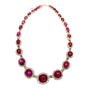 Bochic “Capri” Vintage Natural Ruby, White Topaz & Peridot Necklace Set in 18K G