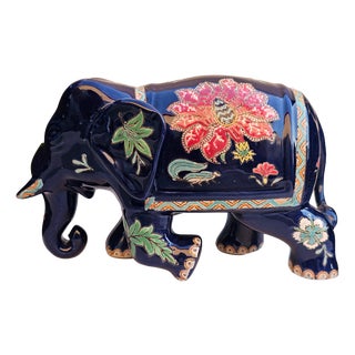 Vintage Glazed Ceramic Elephant Figurine with Floral Motifs, 1980s For Sale