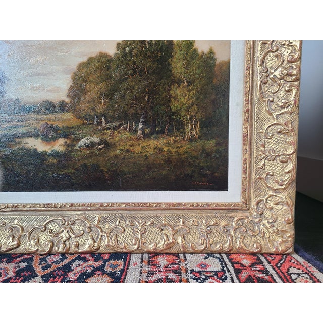 Claude E. Picault Antique Oil Painting 19th Century Pastoral Pond Landscape For Sale - Image 12 of 17