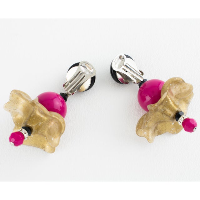 Pink Angela Caputi Fuchsia and Gold Dust Resin Dangle Flamenco Floral Clip Earrings For Sale - Image 8 of 8