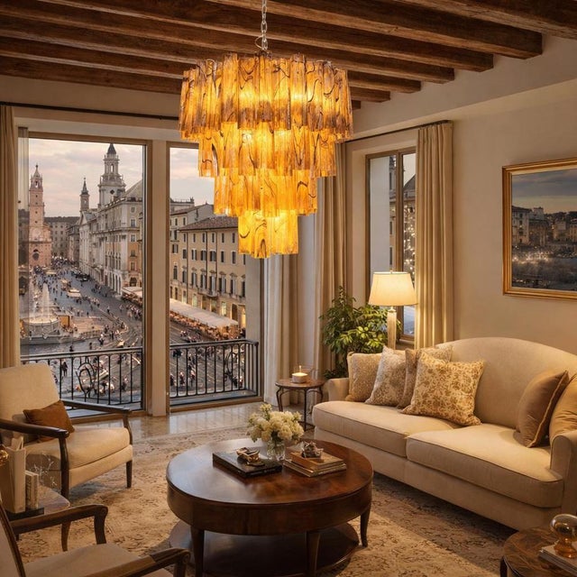 Italian chandelier in Murano glass and nickel plated metal structure on 4 levels. The armor polished nickel supports 80...