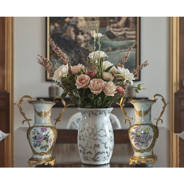 Vintage Ormolu Rococo Ceramic Urns With Floral Motif- A Pair For Sale In New York - Image 6 of 15