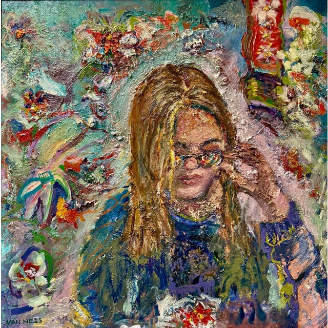 Original oil painting, abstract images within the portrait of a girl with colorful sunglasses.. A young woman viewing the...