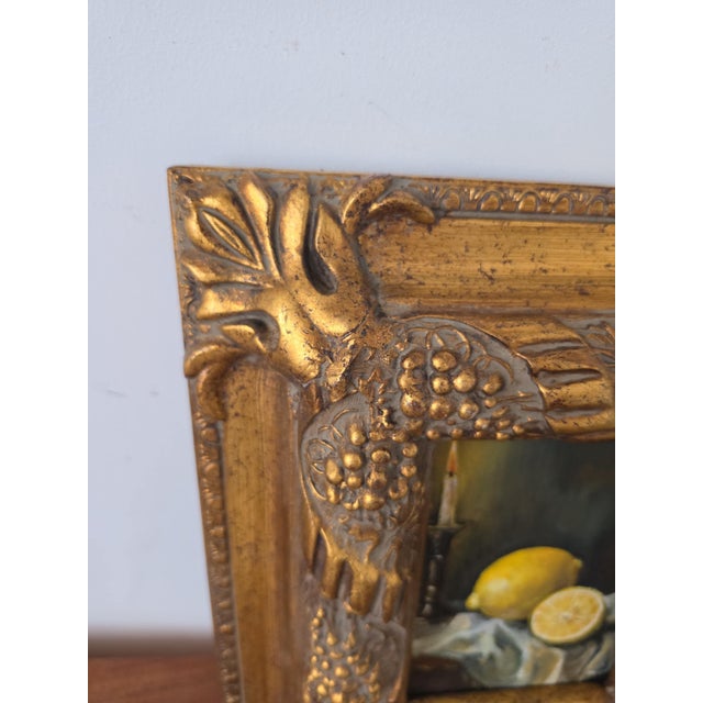 English Late 20th Century Gilt Grape Motif Frame With Original Oil Painting, Lemon Still Life Art, Ornate Gold Frame, Cottage Decor For Sale - Image 3 of 13