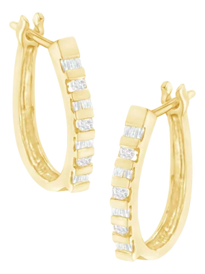 10K Yellow Gold Round and Baguette Cut Diamond Oblong Hinged Leverback Hoop Earrings (�� Cttw, I-J Color, I2-I3 Clarity)