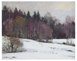 Alfejs Bromults, Forest Edge at Winter, 1983, Oil on Cardboard