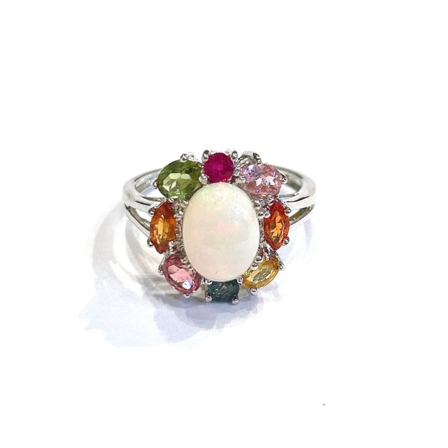 Traditional Bochic “Orient” Vintage Opal , Ruby, Tourmaline & Sapphires Ring 18K & Silver For Sale - Image 3 of 9