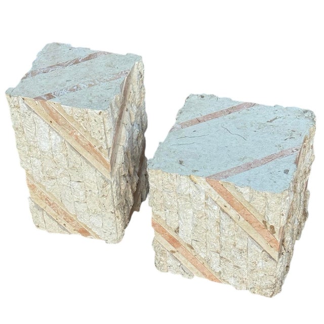 Postmodern Postmodern Tessellated Pink Marble and Beige Stone Pedestal Set For Sale - Image 3 of 9