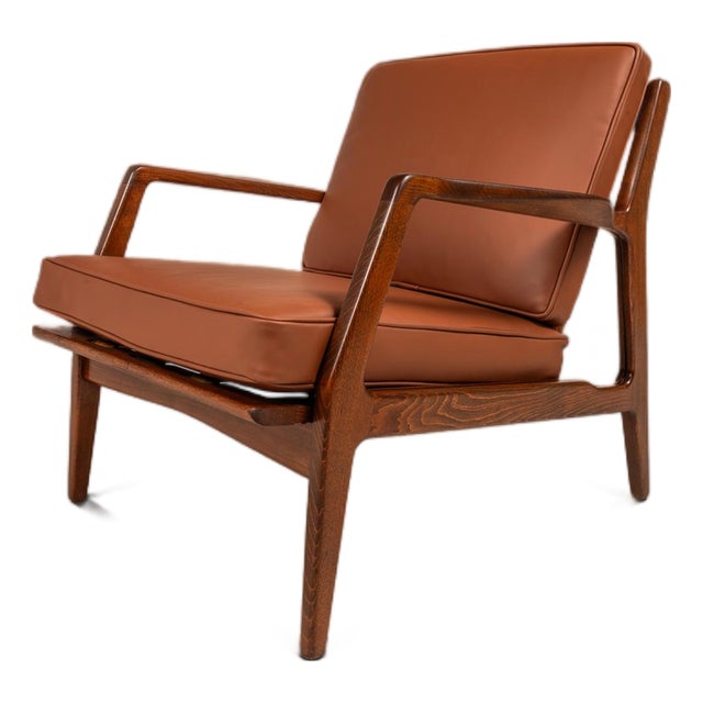 Restored Danish Modern Model 596 Lounge Chair in Beech & Leather Attributed to Lawrence Peabody & Ib Kofod Larsen for Selig, Denmark, C. 1950's For Sale