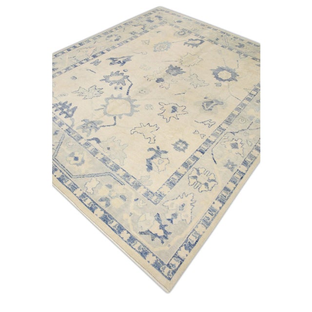 Early 21st Century Early 21st Century Cream Handwoven Wool Turkish Oushak Rug in Blue Floral Design 8' X 9'5" For Sale - Image 5 of 7