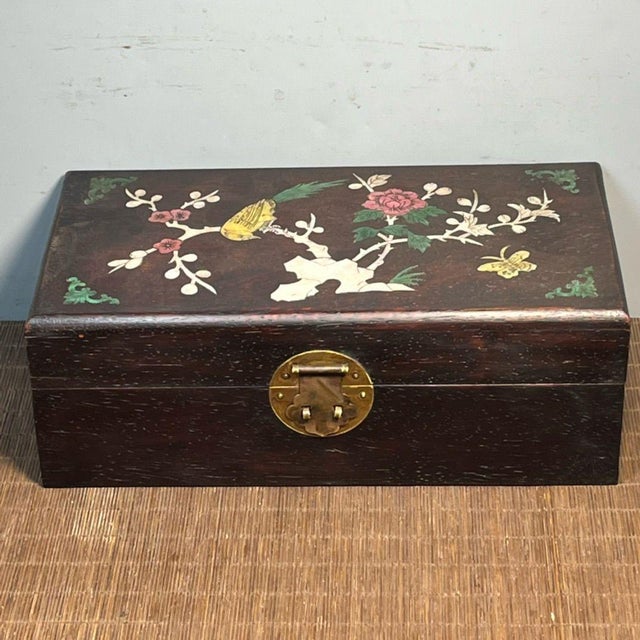 Blackwood Rectangular Storage Box, Mother of Pearl Bird, Peony & Butterfly Inlay, Chinoiserie Keepsake Box For Sale - Image 4 of 9