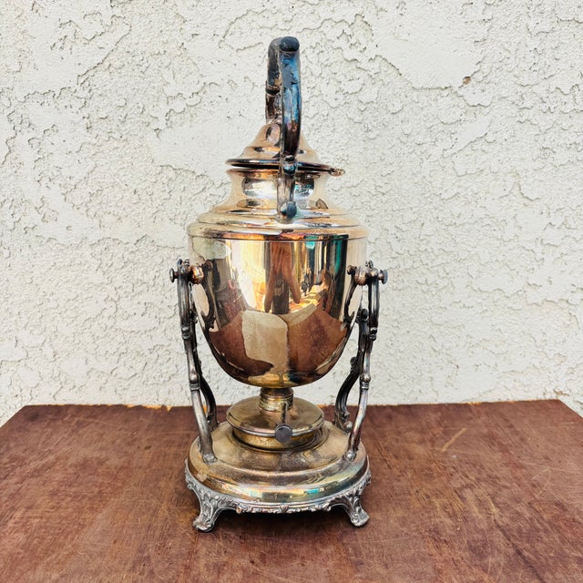 Early 1900s Silver Plated Teapot Kettle on Stand With Burner For Sale - Image 4 of 16