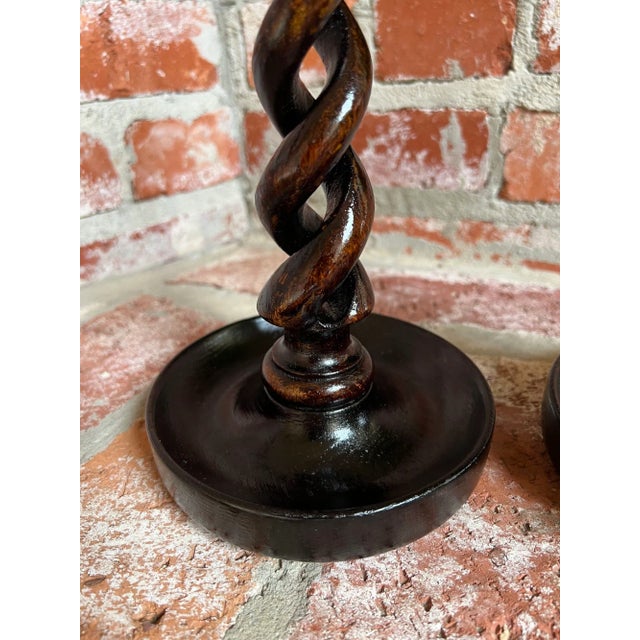 Pair Set Antique English Oak Open Barley Twist Candlesticks Candle Holder Brass For Sale - Image 9 of 12