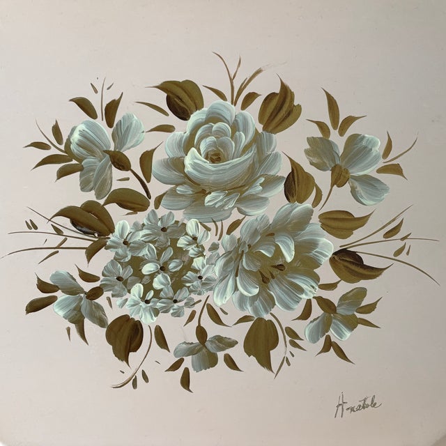 Metal Mid-20th Century Hand Painted Pink Tole Serving Tray For Sale - Image 7 of 10