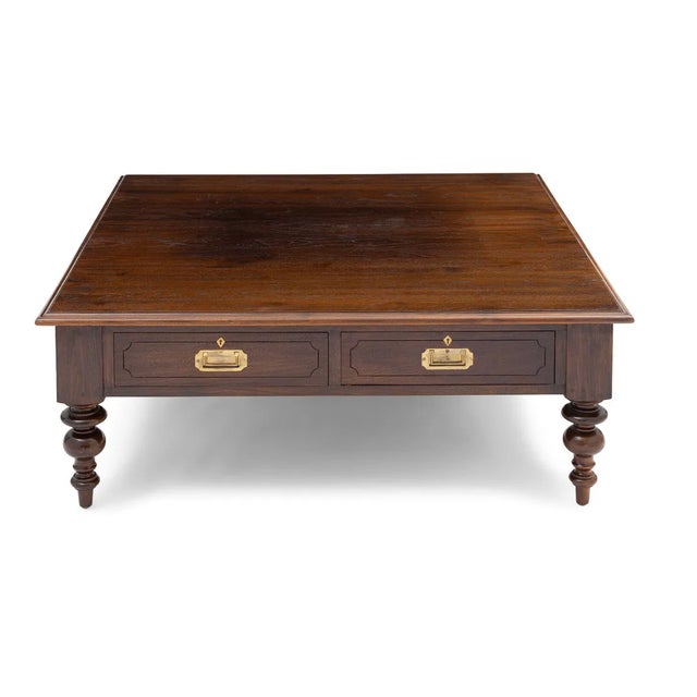 Ralph Lauren Campaign Style Wood & Brass Mounted Coffee Cocktail Table.