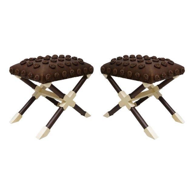 Bespoke Pair of Oak and Parchment X-Frame Benches Upholstered in Leather For Sale