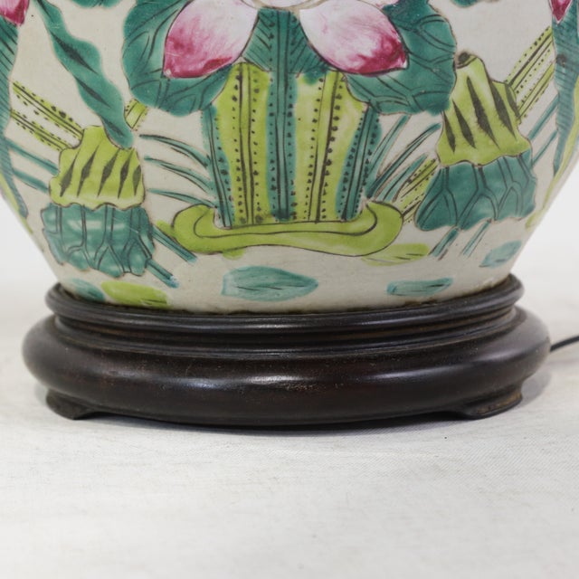 Vintage Famille Rose Porcelain Vase Lamp With Pink Lotus Blossom and Water Lily Motif For Sale - Image 9 of 14