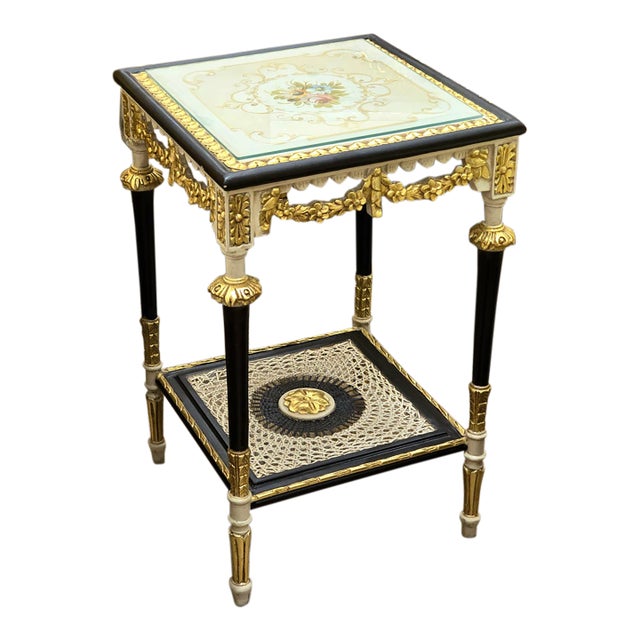 French Louis XVI-Inspired Side Table – Black & White Finish With Gold Leaf Details For Sale