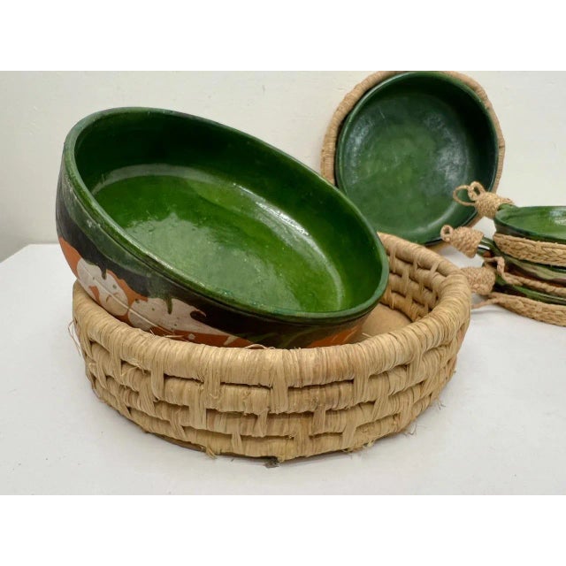 Textile Vintage French Green Ceramic Glazed Bowls with Straw Base, 1970s, Set of 5 For Sale - Image 7 of 12