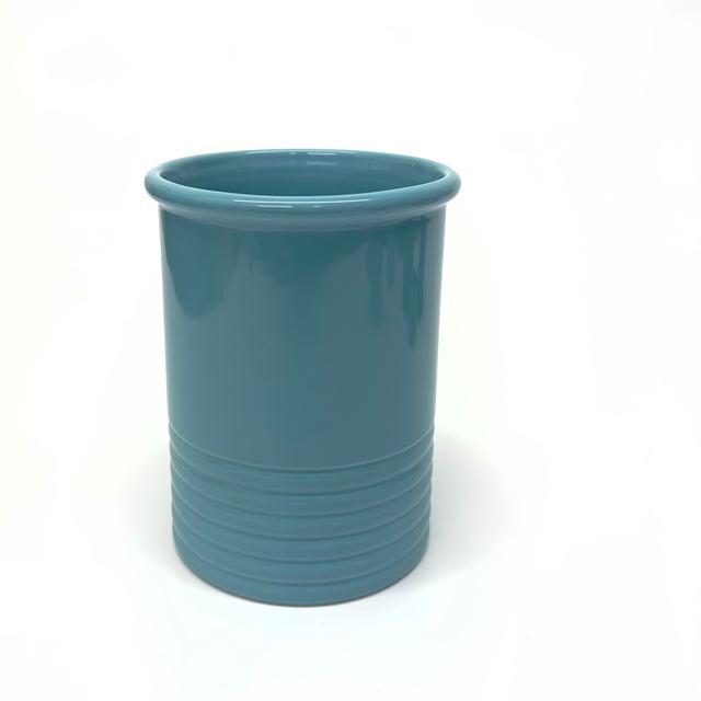 Late 20th Century Mixed Aqua and Turquoise Cylindrical Ceramic Vase Curation - Group of 7 For Sale - Image 4 of 12