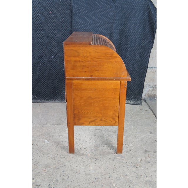 Antique Victorian Oak Childs Cylinder Roll Top Library Writing School Desk Table For Sale - Image 10 of 12