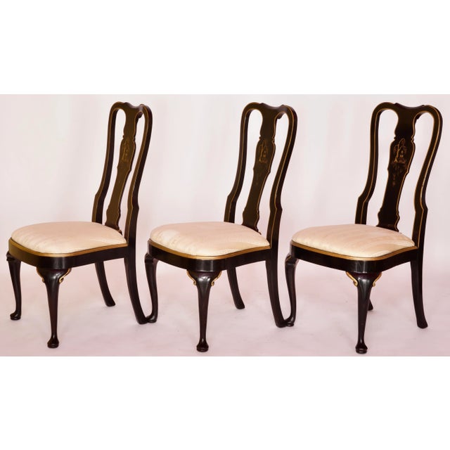 1980s Chinoiserie Black Lacquer Dining Chairs in the Style of Drexel- Set of 6 For Sale In Miami - Image 6 of 13