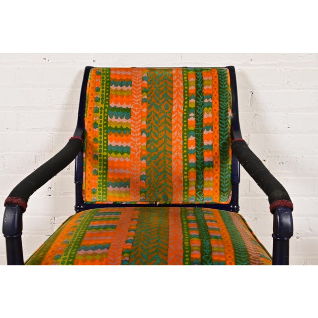 Mid-Century Hollywood Regency Ebonized Faux Bamboo Armchairs With Jack Lenor Larsen Upholstery, Pair For Sale In South Bend - Image 6 of 11