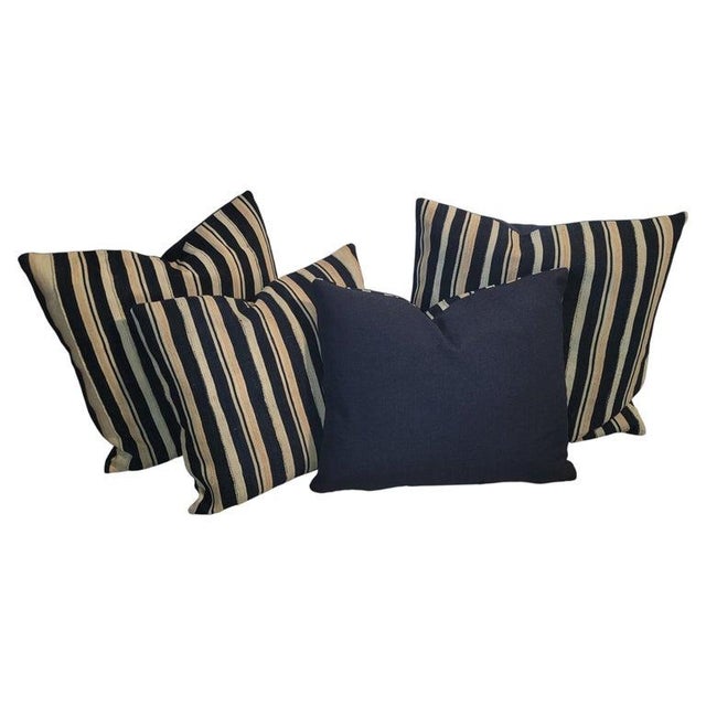 Folk Art Collection of Four 19Thc Striped Blue and White Linen Pillows For Sale - Image 3 of 6