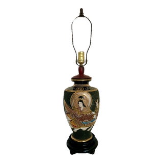 Large Japanese Satsuma 'Moriage' Black and Gold Kannon Table Lamp, Signed For Sale