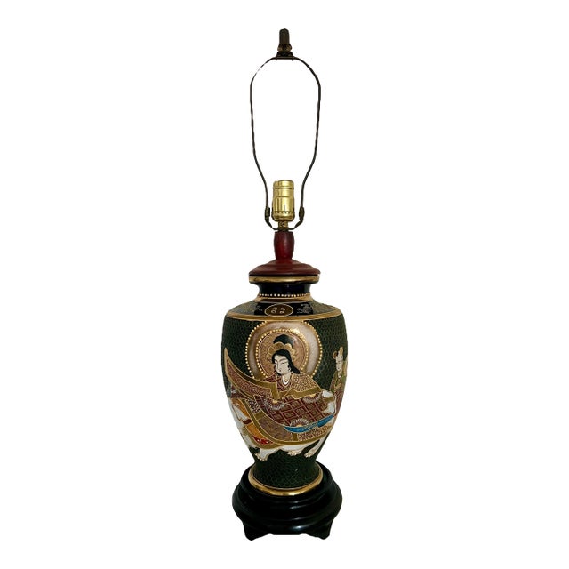 Large Japanese Satsuma 'Moriage' Black and Gold Kannon Table Lamp, Signed For Sale