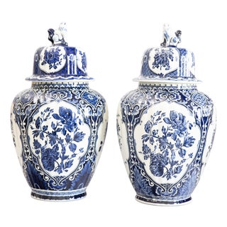 Large Mid-Century Dutch Delft Lidded Ginger Jars Vases - A Pair For Sale