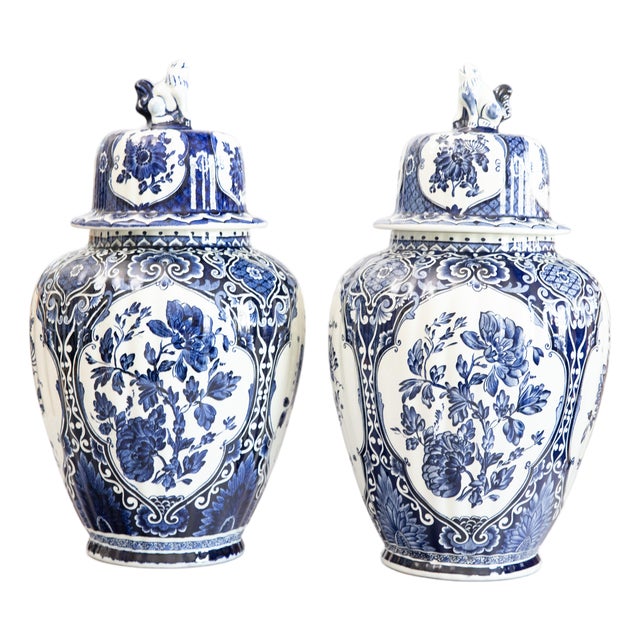 Large Mid-Century Dutch Delft Lidded Ginger Jars Vases - A Pair For Sale