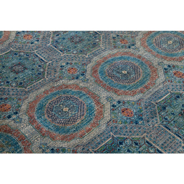 2010s Blue Modern Mamluk Wool Rug With Geometric Design For Sale - Image 5 of 9