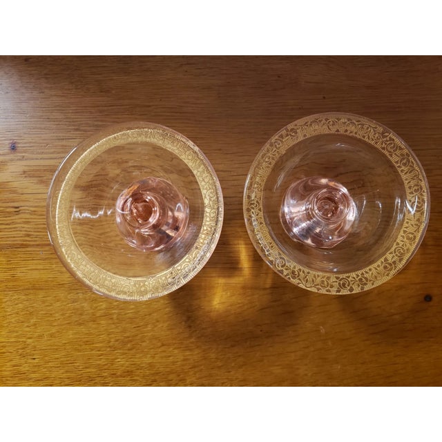 Pair Vintage Pink Depression Glass Tapered Candle Holders Gilded Floral Scroll Design For Sale In New Orleans - Image 6 of 6