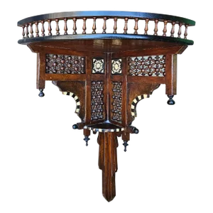Early 20th C. Syrian Bone and Ebony Wood Inlaid Mahogany Corner Wall Shelf