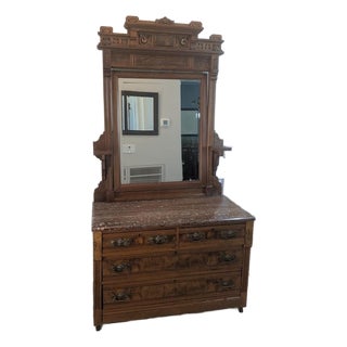 1880s Antique Victorian Eastlake Walnut & Burl Walnut Marble-Top Dresser With Mirror For Sale