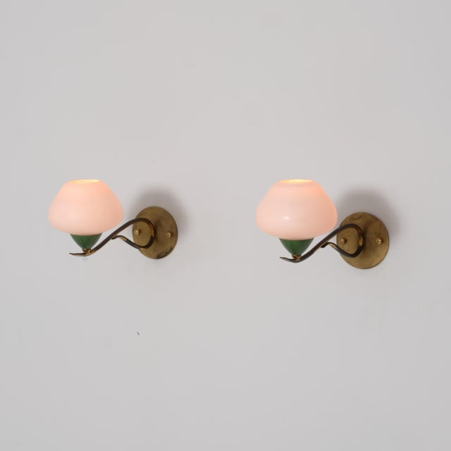 Metal Italian Brass, Green Lacquered Metal and Opaline Glass Wall Sconces, 1950s, Set of 2 For Sale - Image 7 of 13