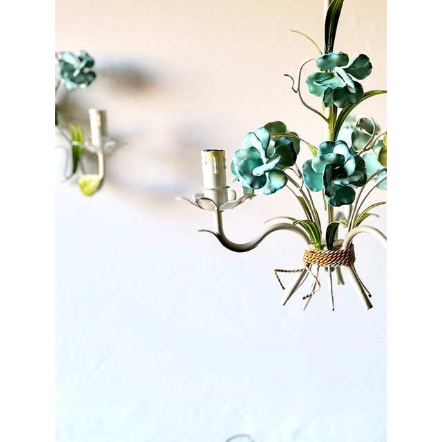 Italian Hand-Painted Tole Floral Chandelier with Matching Wall Sconces, 1960s, Set of 3 For Sale - Image 10 of 18