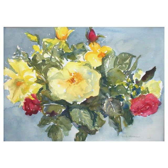 Gorgeous yellow and red garden flowers watercolor by Carmel, CA artist Mary Alice Hinman Gifford (American, 20th Century),...