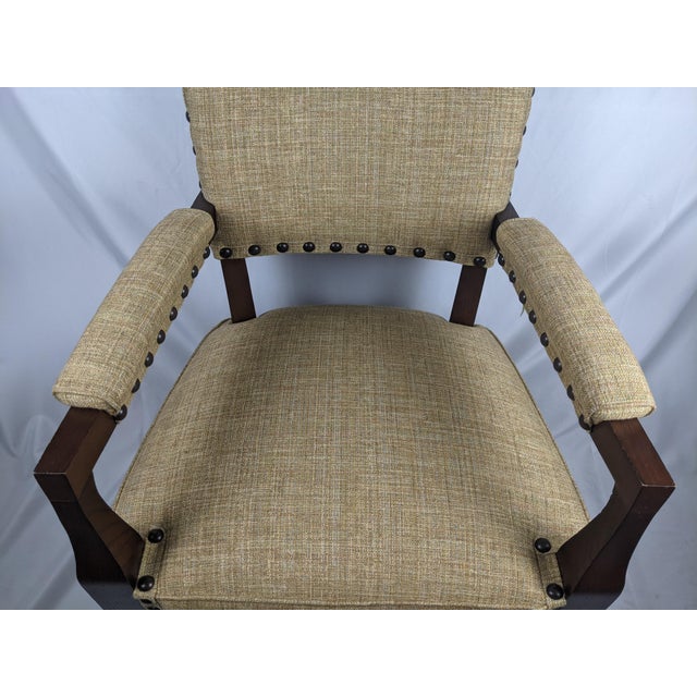 Mid-Century Mission Arts & Crafts Wood Upholstered Armchair With Nailhead Trim For Sale - Image 14 of 17