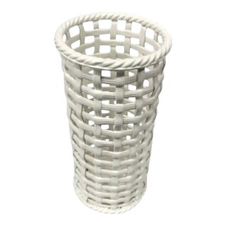 1960s Hollywood Regency Ceramic Basketweave Umbrella / Cane Stand For Sale